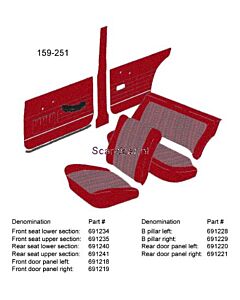 Bekleding Amazon 4 deurs achterbankhoes SET !zitting+rug rood 1963-1964 159-251(set!)