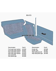 Bekleding PV544 deurpaneel Rechts blauw 1965 (55-513) zie 691564